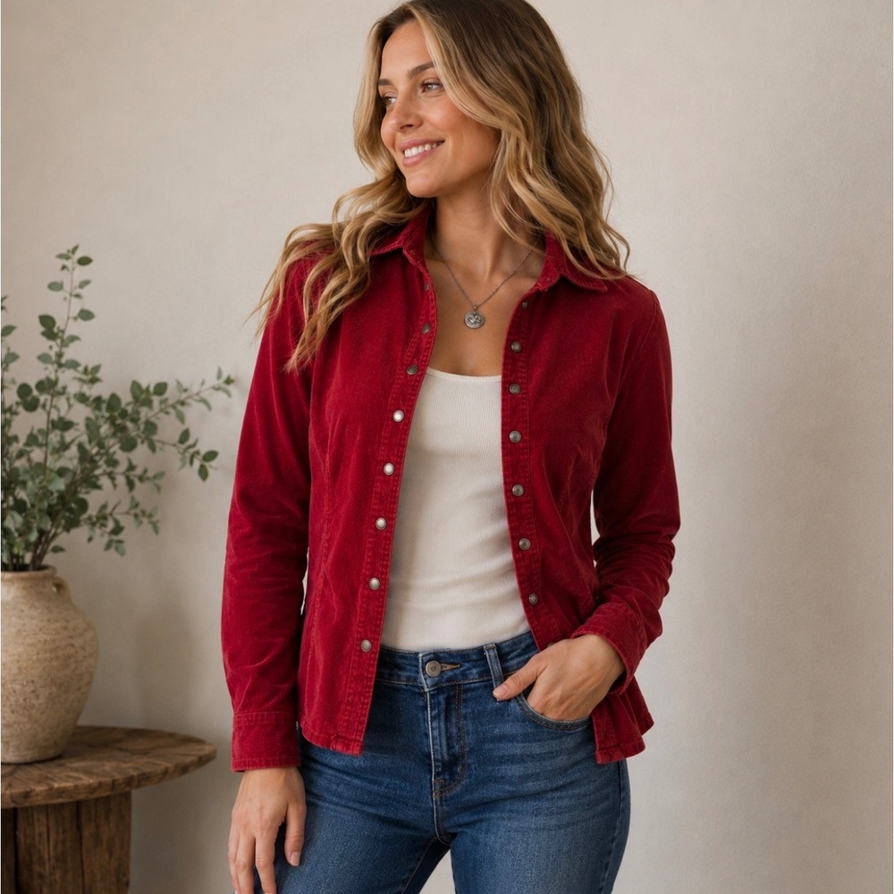 LAL Live A Little‎ Red Corduroy Shirt Jacket Top Large Snap Front Stretch READ